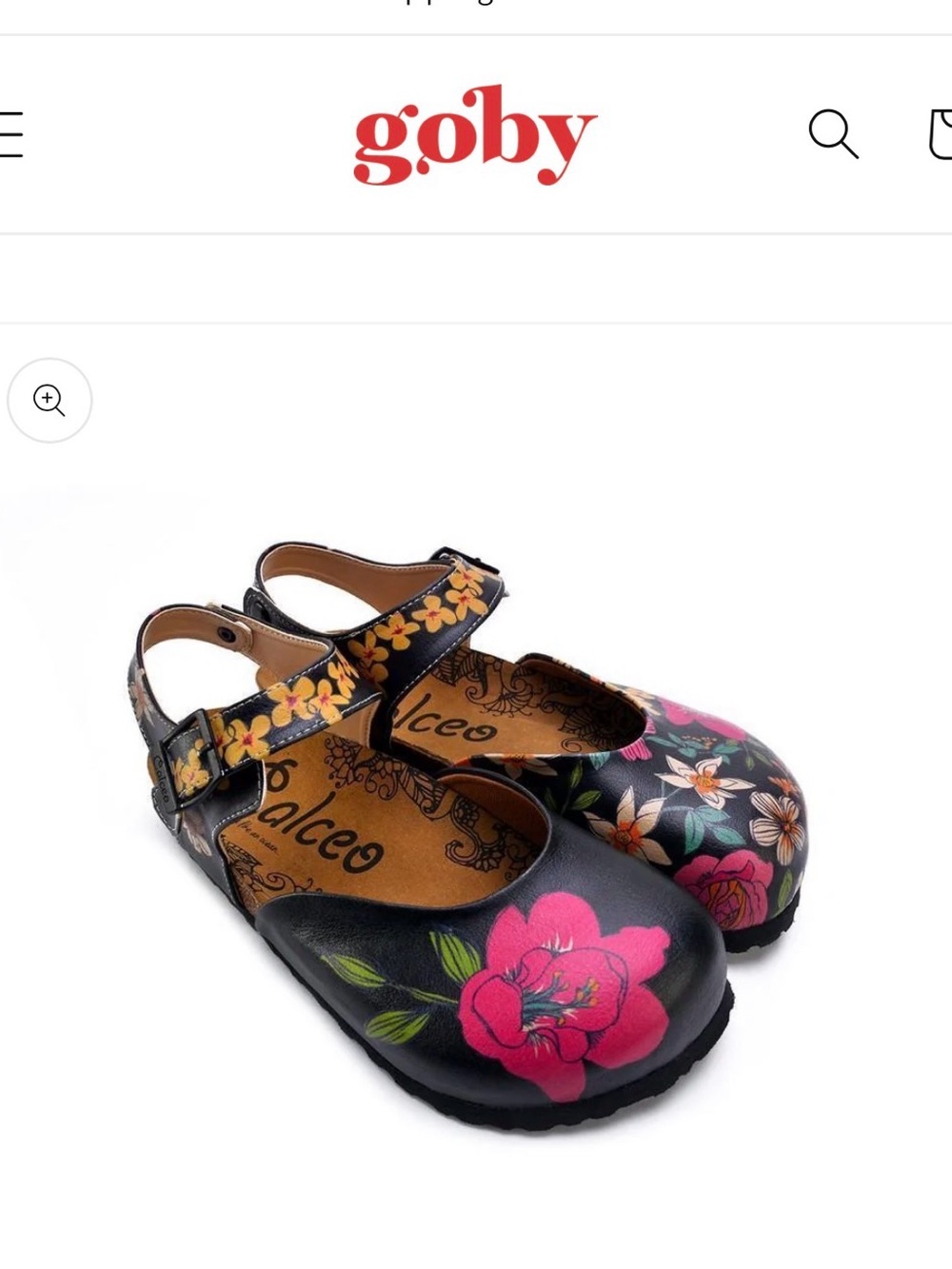 Goby Floral Printed Black Leather Mary Jane Mules with Pink Accent